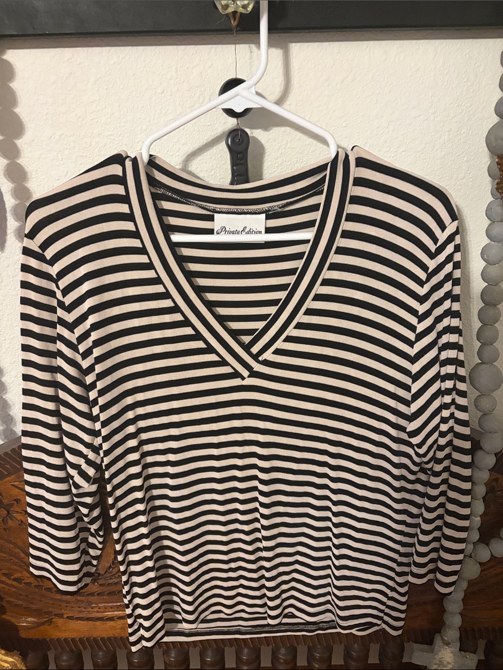 Chico's Black and Cream Striped V-Neck Long Sleeve Top